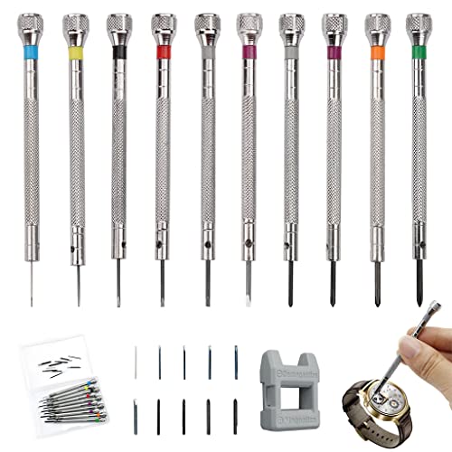 Destornilladores de precisión relojero 1 10 Piezas Destornilladores de Precisión 0,6-2,0 mm, Destornilladores de Relojero con Desmagnetizador, Juego de Destornilladores, Reloj Herramienta de Reparación