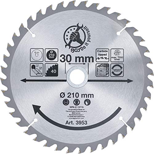 Eje para sierra circular de mesa 1 BGS Diy 3953 | Hoja de sierra circular con puntas de carburo | Ø 210 x 30 x 2,6 mm | 40 dientes