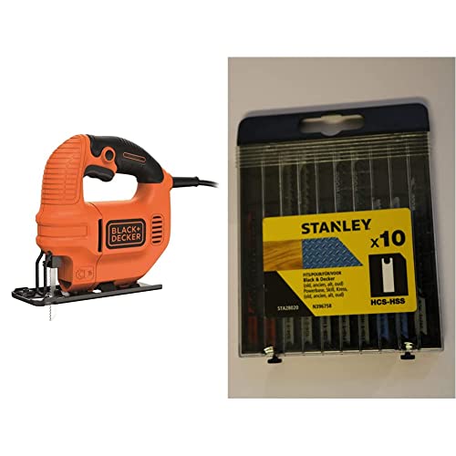 Hojas de sierra de calar black decker 1 BLACK+DECKER KS501, Sierra de Calar 400 W, 3000 Carreras/Minuto + STANLEY STA28020-XJ - Cassette de 10 hojas HCS/HSS. Para cortes en madera y metal