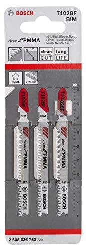 Cortar metacrilato con sierra de calar 1 Bosch Professional 3x Hojas de sierra de calar T 102 BF Clean for PVC (para Placas acrílicas de PMMA, accesorios Sierra de calar)