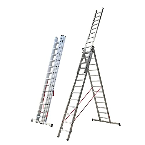 Escalera aluminio de 5 metros 1 BTF Escalera de Aluminio Extensible 3 tramos transformable en Tijera, 3.5+3.5+3.5 Metros, 13 peldaños por Tramo | Ideal para Trabajos en casa, Chalet, finca Rural o Local Comercial. BTF-ETTB6735