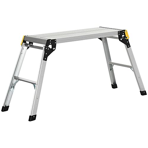 Banco escalera de aluminio 1 DURHAND Plataforma de Trabajo Profesional de Aluminio Escalera de Banco Plegable con Base Antideslizante Carga 150 kg 128x41x60 cm Plata