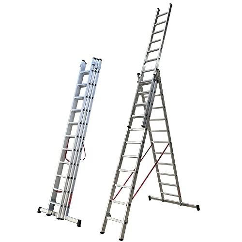 Escalera de aluminio tres tramos segunda mano 1 Escalera de Aluminio Extensible Tres Tramos Transformable en Tijera, Medidas 3.0 + 3.0 + 3.0 MTS | Escalera Triple Extensible en Apoyo hasta 6,8 Metros y en Tijera hasta 4,7 Metros. Ref. BTF-ETTB6730