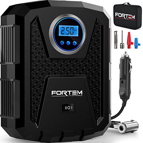 Compresor de aire continuo portátil 1 FORTEM Inflador de Ruedas de Coche, Compresor de Aire - Compresor de Aire Portátil para Ruedas de 12 V con Luz LED - Manómetro Digital, Autobombeo, Parada Automática - Bolsa de Transporte (Negro)