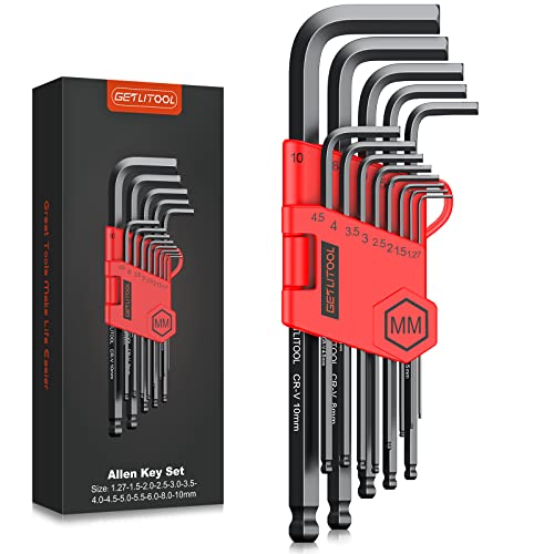 Llaves allen profesional 1 GETLITOOL 13pcs Llave Allen, Juego de Llave Allens Profesional con Punta en Bola 1,27mm-10mm,Modelos Grabado Láser Llave Hexagonal 6150 Acero al Cromo Vanadio para Montaje de Muebles etc.
