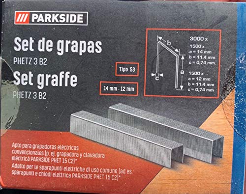 Grapadora parkside lidl recambios 1 Grapas para grapadora electrica parkside PHET15, 3000 unidades de 12mm y 14mm de acero tipo E53 originales