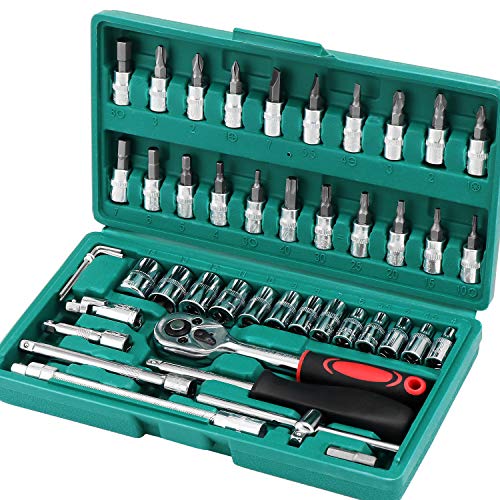 Llaves carraca magnusson 1 HSEAMALL Juego de 46 piezas, juego de puntas de destornillador Metic de 1/4 pulgadas con llave de trinquete de liberación rápida, barras de extensión para motor de coche y bicicleta