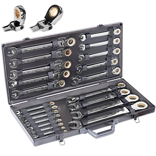 Llaves carraca articuladas 1 JEVX Juego de Llaves Fijas con Carraca Articulada - Maletin Profesional con 22 Piezas - Herramientas de Trinquete Combinadas - Metricas Desde 6mm hasta 32mm, Fabricadas en Cromo Vanadio con Doble Boca