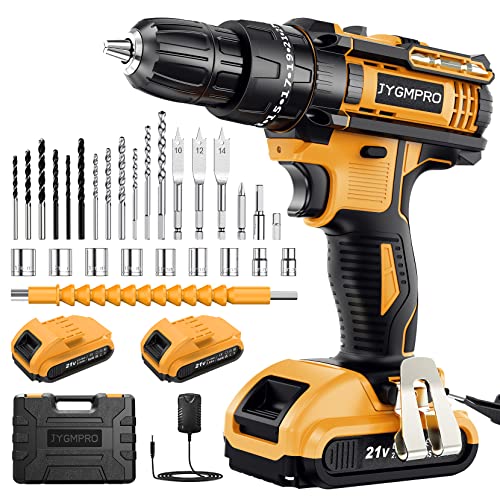 Atornillador bricomart 1 JYGMPRO Taladro Percutor a Bateria 21V, Taladro Atornillador Bateria con 2x2.0Ah Baterías, Atornillador Electrico 42Nm, 25+3 Ajuste de Par, 30 Accesorios, 2 Velocidad, LED Luz Para Hogar, Bricolaje