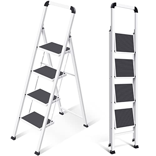 Pasamanos de escalera de aluminio 1 Kingrack Escalera Plegable de 4 Peldaños con Pasamanos, Escalera de Aluminio con Plataforma Antideslizante, Soporta hasta 150 kg