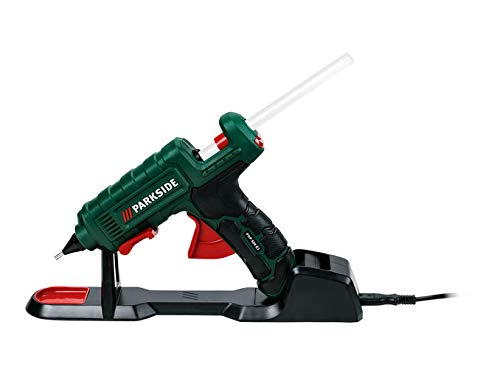 Guía transportador parkside 1 La pistola de pegamento caliente Parkside PHP 500 E3 viene con 3 barras de pegamento de 11 mm, base y estuche de transporte. Viene con enchufe de Reino Unido
