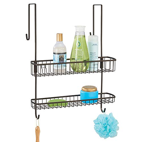 Hacer agujeros en metal sin taladro 1 mDesign Estantería de ducha para colgar – Fácil instalación sin agujeros de este colgador para ducha – Cestas metálicas con 2 repisas y ganchos para los accesorios de ducha – color bronce