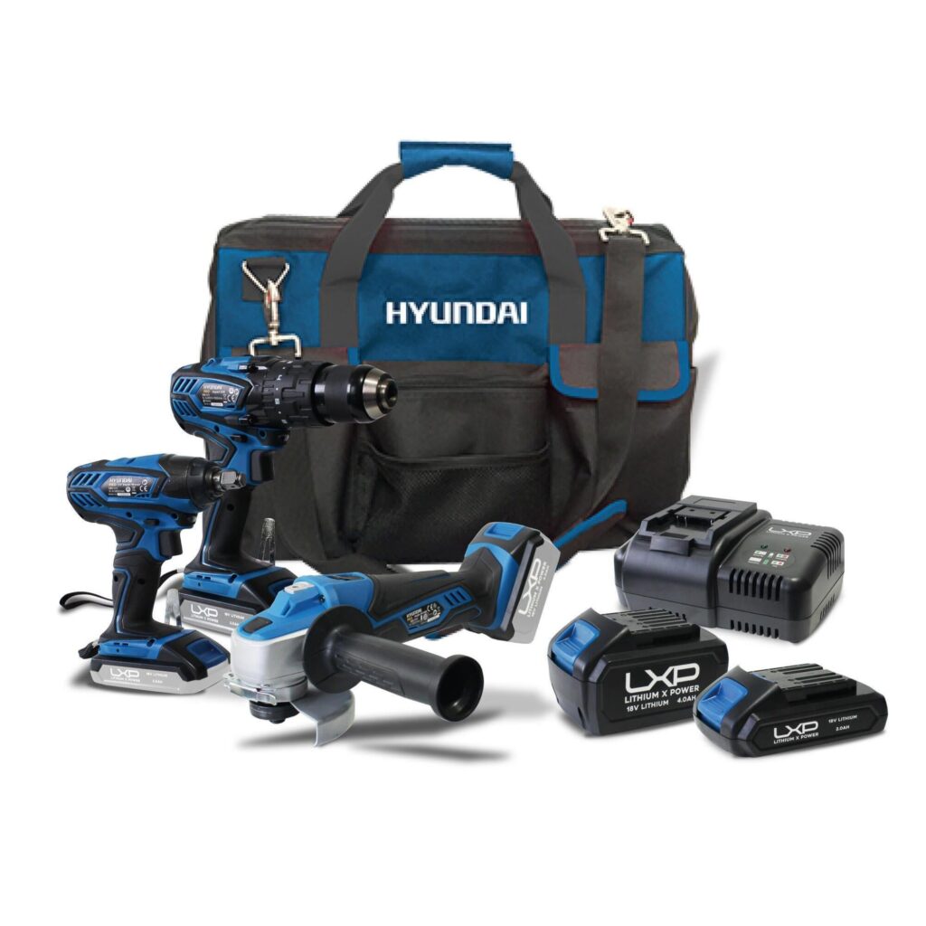 Soporte para taladro leroy merlin 1 Pack hyundai taladro atornillador + taladro percutor + pistola+ mini amoladora