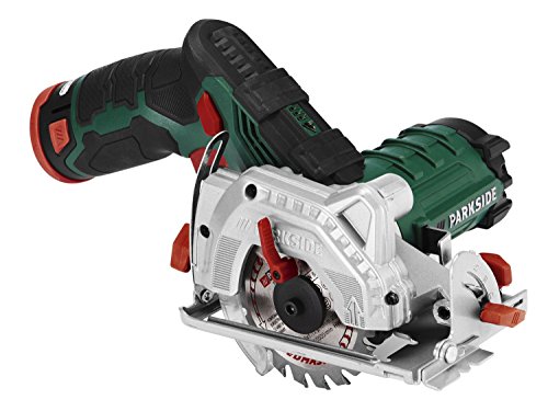 Mini sierra circular parkside 2 1 Parkside - Sierra circular de mano de batería, LED PHKSA 12 A1 (batería de iones de litio de 12 V, Ø85 mm, 2 Ah), profundidad de corte y ángulo de corte regulable, aspiración de polvo