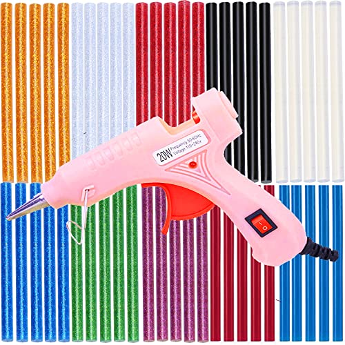 Pistola de silicona rosa 1 Pistola de Pegamento Termofusible de 20 W, con 60 Barras de Pegamento de Purpurina (100 mm x 7 mm) para Manualidades DIY, Arte, Reparaciones, Decoración del Festival