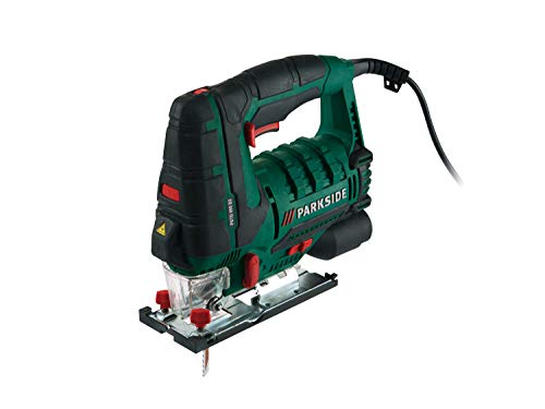 Parkside pstd 800 b2 1 Sierra de calar pendular PSTD 800 B2 de Parkside, guía láser y luz de trabajo LED, función de ventilador para línea de corte sin virutas, conexión a aspirador de polvo externo, 800 W