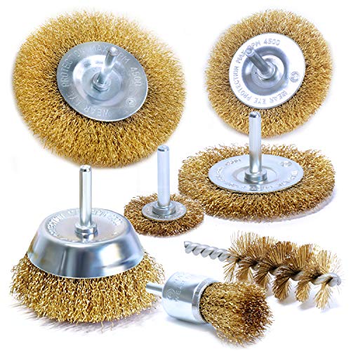 Cepillo de alambre para taladro 1 S&R Juego 7 Cepillos de Alambre para Taladro - Cepillos Metálicos Laton en Acero para Madera y Metal.- Profesionales para Pulir y Lijar
