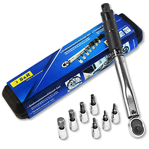 Llaves allen dinamométricas 1 S&R Llave Dinamométrica para Bicicletas y Motos 1/4 "(5-25 Nm) 27,2 cm + 7 Puntas Allen Torx: H10, H8, H6, H5, H4, H3, T25 en acero Cr-V - Juego Profesional y Completo