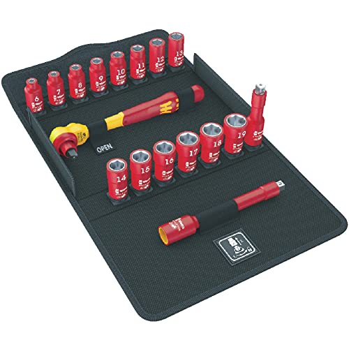 Llaves de tubo aisladas 1 Wera 05004970001 8100 SB VDE 1 Juego de carraca Zyklop, aislado, con palanca de conmutación, con arrastre de 3/8", métrico, 17 piezas