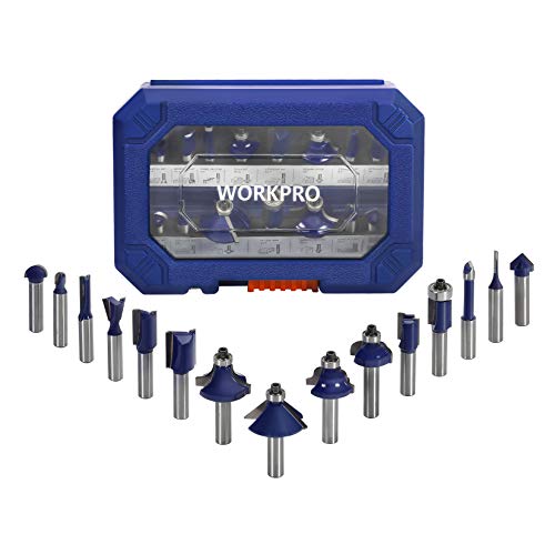 Fresas para fresadora de madera 1 WORKPRO 15PC Juego de Brocas para Fresadora, Accesorios para Fresadora con Vástago de 8 mm, de Acero de Carburo con Caja Portátil, Brocas para esquinas y ranuras, Fresas para perforar madera