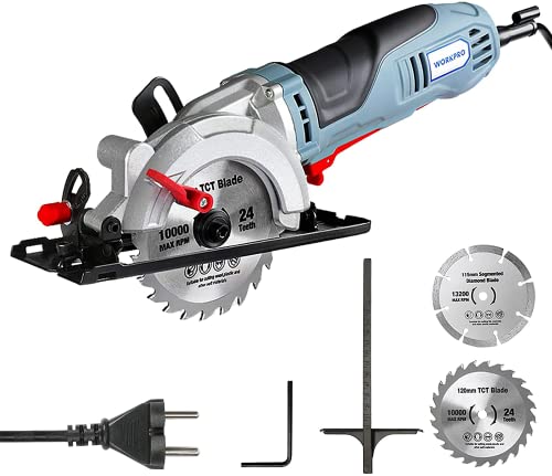Sierra circular para cortar leña 1 WORKPRO Sierra Circular 750W, 4700 RPM, Profundidad de Corte: 45 mm (90 °), 28 mm (45 °), con 2 hojas de Sierra (Ø120 mm y Ø115 mm), Ideal para Cortar Madera,Metal Blando,Azulejo